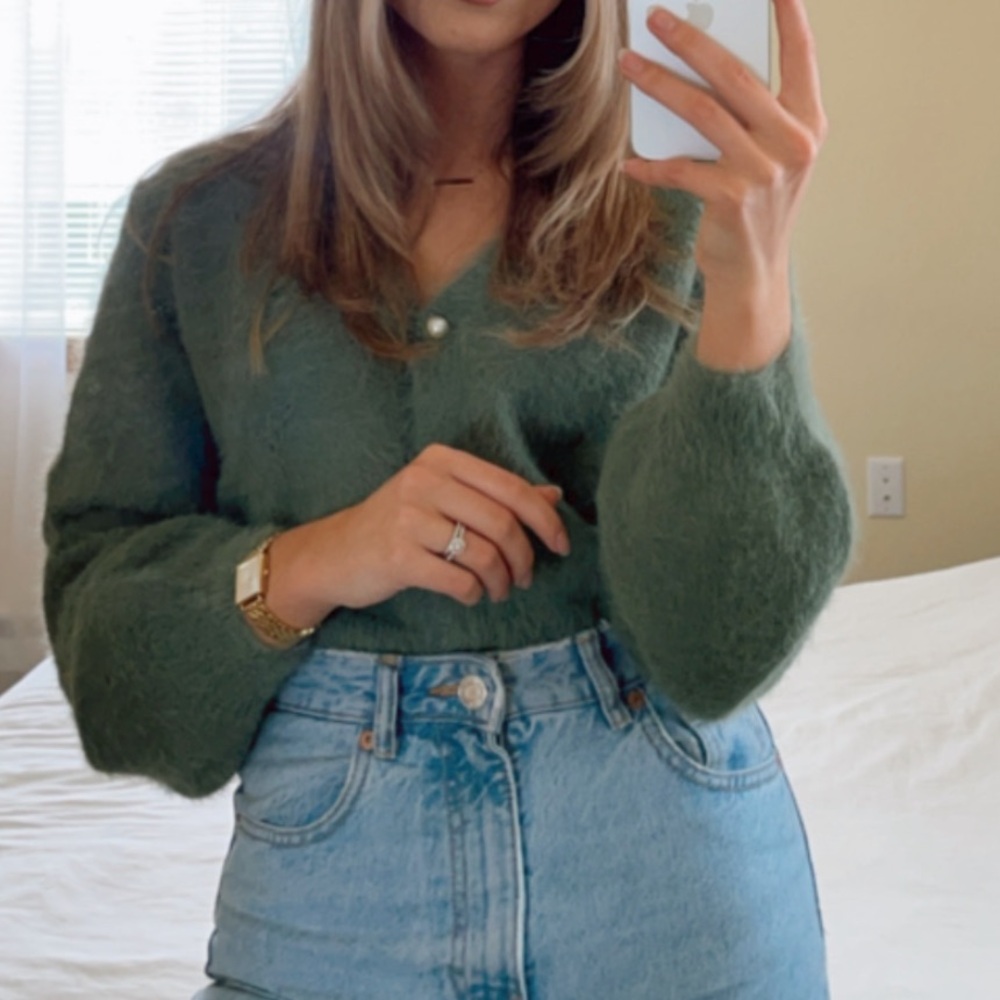 H&M Olive Green Fuzzy V-Neck Cardigan